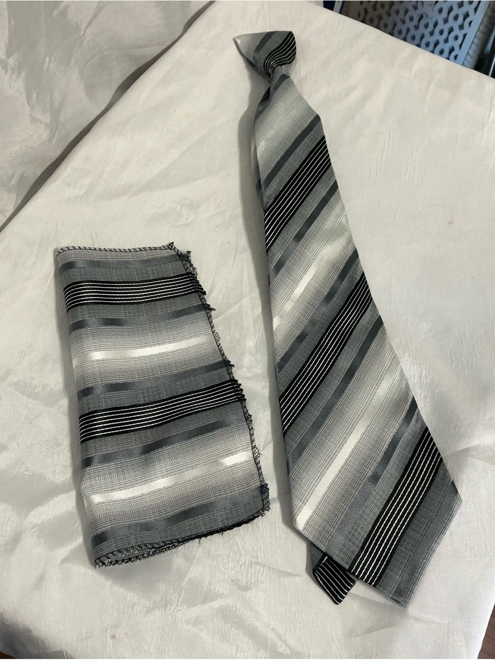 Men's Silver and Gray Striped Tie with Matching Pocket Square